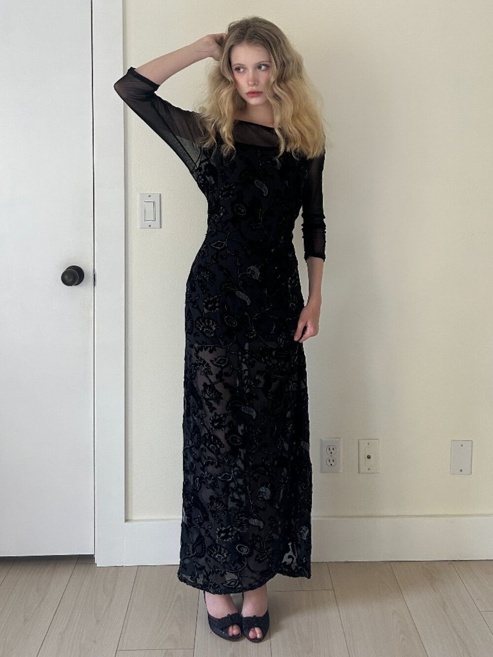 90s Whimsygoth Dress (M) medium black vintage maxi Only Hearts sheer 3/4 sleeves